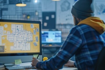 Poster - Architect working on blueprint at night