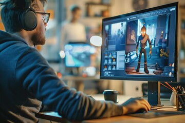 Poster - Man designing 3D character model on computer in modern office