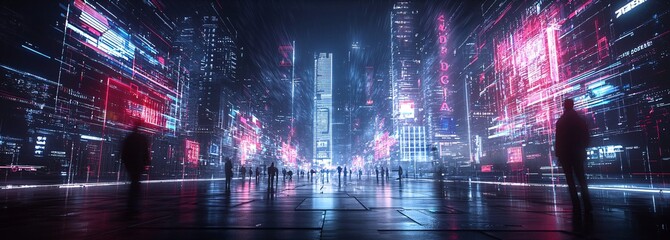 Poster - AI urban environment, digital networks, futuristic design, holographic society