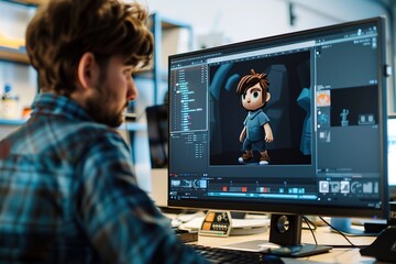 Poster - Man working on 3D character design at computer workstation