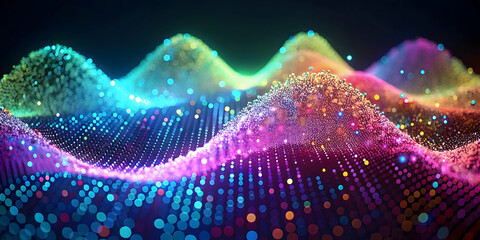 Poster - Abstract Digital Wave: A mesmerizing abstract background with a rainbow-hued wave of shimmering particles, showcasing vibrant colors and dynamic motion, perfect for technology, data, and innovation.  