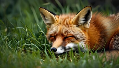 Wall Mural - Resting red fox peacefully napping on lush green grass