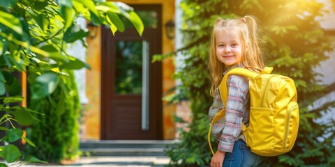 Sticker - A young girl with a bright yellow backpack smiles for the camera. AI.