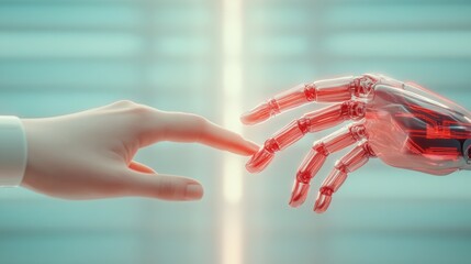 Wall Mural - A hand reaching out to another robot with a glowing red light, AI