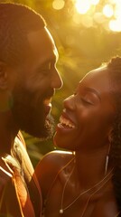 Canvas Print - A man and woman smiling at each other while standing in the sun. AI.