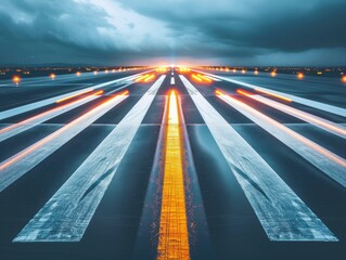 Canvas Print - Runway lights lead to a stormy sky. AI.