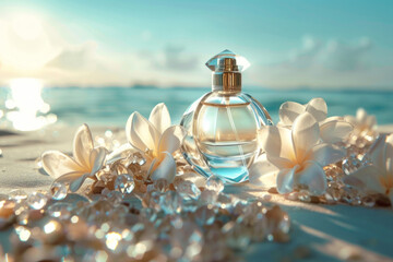 A perfume bottle with tropical flowers and crystal beads on a beach background, captured in bright sunlight.