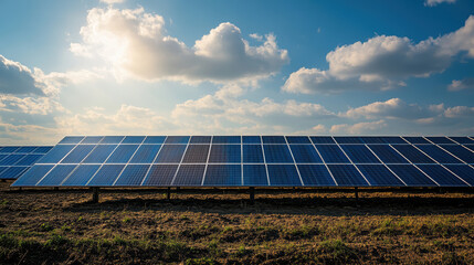 Wall Mural - A solar farm on barren landscape symbolizes potential of renewable energy. solar panels reflect sunlight under bright sky, showcasing innovation and sustainability