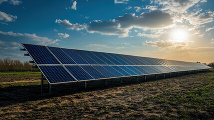 Wall Mural - A solar farm on barren landscape symbolizes potential of renewable energy. panels reflect sunlight, showcasing sustainable future