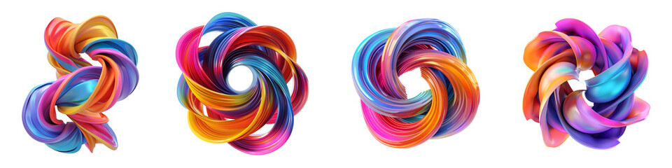 Wall Mural - Set of 3D Abstract colorful twisted shape isolated on white background, png