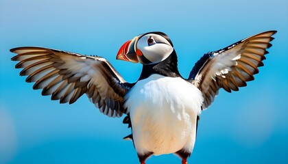 Wall Mural - Majestic razorbill displaying wings against a serene blue sky