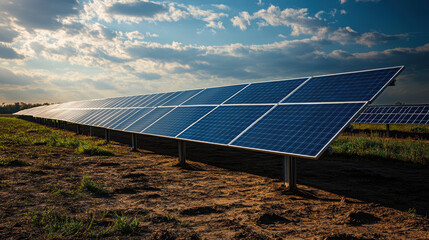 Wall Mural - Harnessing renewable energy, this solar farm on barren landscape showcases rows of solar panels under dramatic sky. scene symbolizes sustainability and innovation