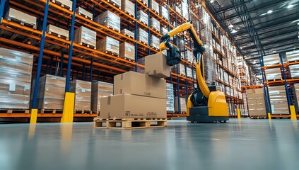 A robotic arm in a warehouse lifts a cardboard box from a pallet onto a shelf.