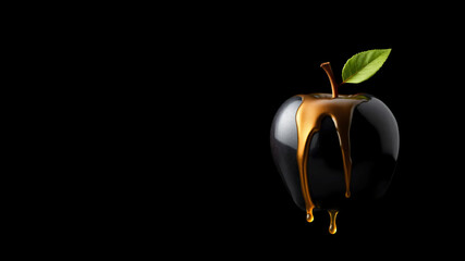 black apple with splashing dripping golden color isolated on black background