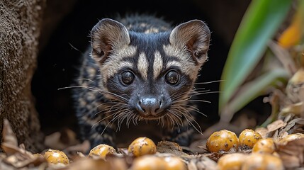 A curious and adorable banded palm civet looks out from its den with large, round eyes and a black and white spotted coat.