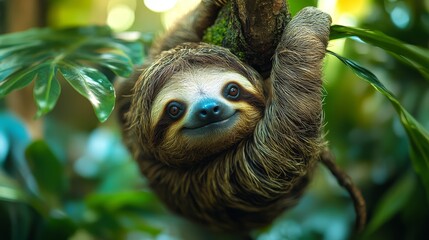 Adorable Sloth Hanging in Rainforest Tree