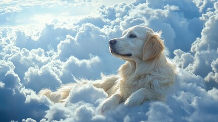 A dog in heaven in the clouds in paradise after death happy resting eternal life of the soul White Angel generated ai