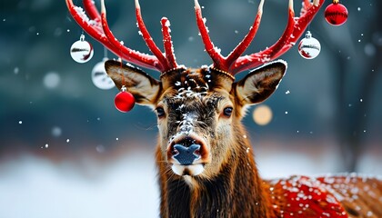 Wall Mural - Majestic red deer stag adorned with festive Christmas baubles amidst a winter wonderland