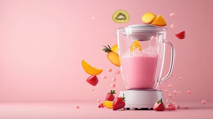 Wall Mural - Vibrant blender with fruit and smoothie, showcasing freshness and vitality in a playful pink background.