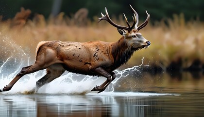 Canvas Print - Dynamic close-up of a red deer hind sprinting through shimmering water