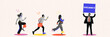 © master1305 - Three candidates running towards man holding Vacancy sign, symbolizing competition and desire to get position. Contemporary art collage. Concept of business, employment and labor, career