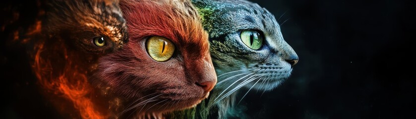 Two majestic cats in vivid colors, showcasing their striking eyes and fierce expressions against a dark backdrop.