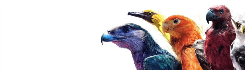 Colorful birds are aligned side by side, showcasing their vivid plumage and unique features, with a white background enhancing their vibrant colors.