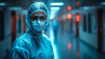 Medical worker in PPE suit and mask looking at camera