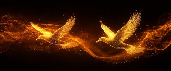 Two golden birds flying in the air, orange glow lines on dark background,