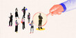 © master1305 - Giant hand picking up man from group of candidates, highlighting challenges to become the best candidate for the job. Contemporary art collage. Concept of business, employment and labor, career