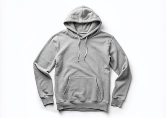 Neutral gray hoodie with long sleeves lies flat on a pure white isolated background, providing a sleek and modern canvas for design mockups and creative projects.