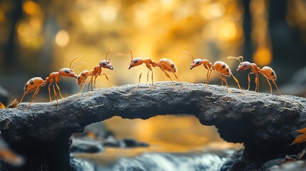 A line of red ants walking across a small log bridge over a stream in a forest.