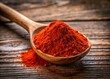 © Four888 - Vibrant red paprika powder fills a wooden spoon, resting on a rustic wooden surface, creating a warm and inviting atmosphere for food and spice related themes.