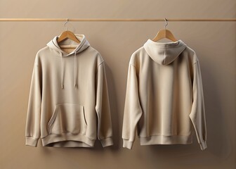 Hoodie mockup on hanger against neutral background, with blank front and back, showcasing clothing design space, perfect for fashion brand product showcases.