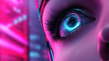 A close up of a futuristic looking female eye with glowing lights, AI