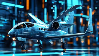 Wall Mural - Futuristic wireframe aircraft design illuminated against a blue technological backdrop, emphasizing cutting-edge aviation innovation and advancements.