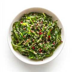 Wall Mural - wakame salad in white bowl, sprinkled with sesame and chili flakes