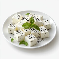 Wall Mural - white plate with white feta cheese and oile and black seed