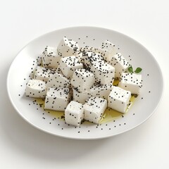 Wall Mural - white plate with white feta cheese and oile and black seed