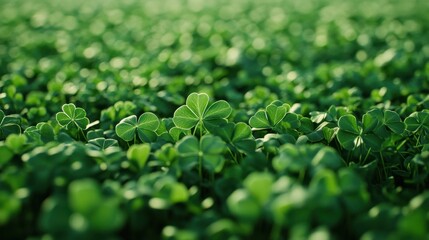 Lush expanse of green four-leaf clovers stretching endlessly across the field. Each clover is detailed with soft green hues creating a calming, natural background