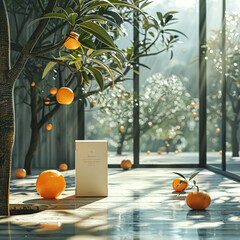 Wall Mural - A glass jar filled with a variety of fruits including oranges, strawberries, and lemons. The jar is placed on a wooden table, and the sunlight is shining on it, creating a warm and inviting atmosphere