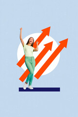 Canvas Print - Vertical collage picture young woman leadership achieve goal aim inspiration growth up direction arrows victory winner celebrate success