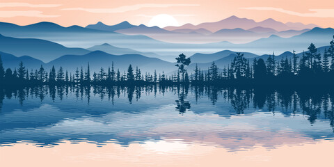 Wall Mural - Mountain lake at dawn, misty silhouettes of ridges, forest and fog, panoramic view, vector illustration