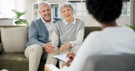 Poster - Therapy, comfort and happy couple with therapist for success, consulting and counseling session. Psychology, love and man and woman on couch for marriage, relationship and support in conversation