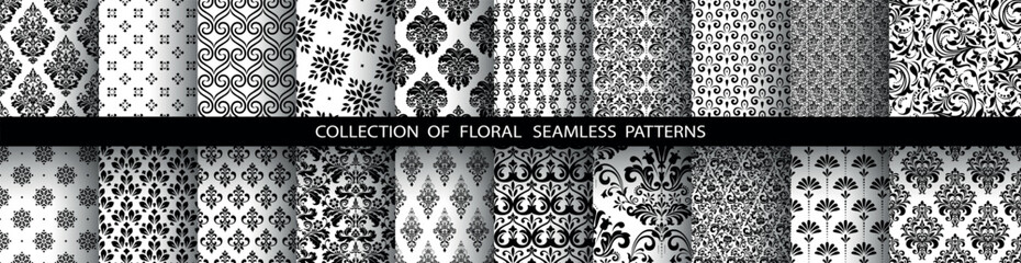 Geometric floral set of seamless patterns. White and black vector backgrounds. Damask graphic ornaments.