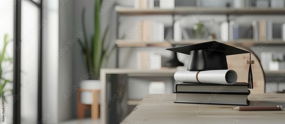 graduation cap and stack of books with diploma scroll and pencil ...