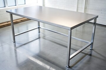 Canvas Print - Sleek metal table in a bright modern kitchen.