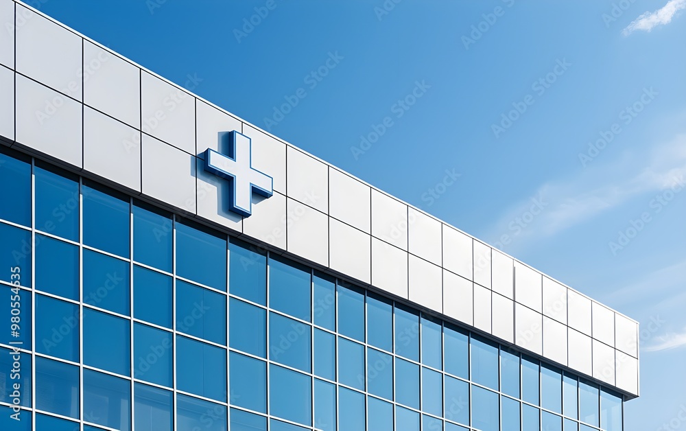 Hospital building with glass structure and clear signage symbolizing