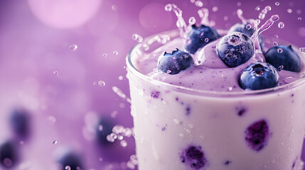 Delightful berry smoothie splashes in a clear glass on a vibrant purple background