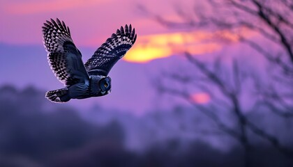 Wall Mural - Majestic owl soaring through twilight skies adorned with purple hues and a mystical misty backdrop, enchanting nature and wildlife lovers alike